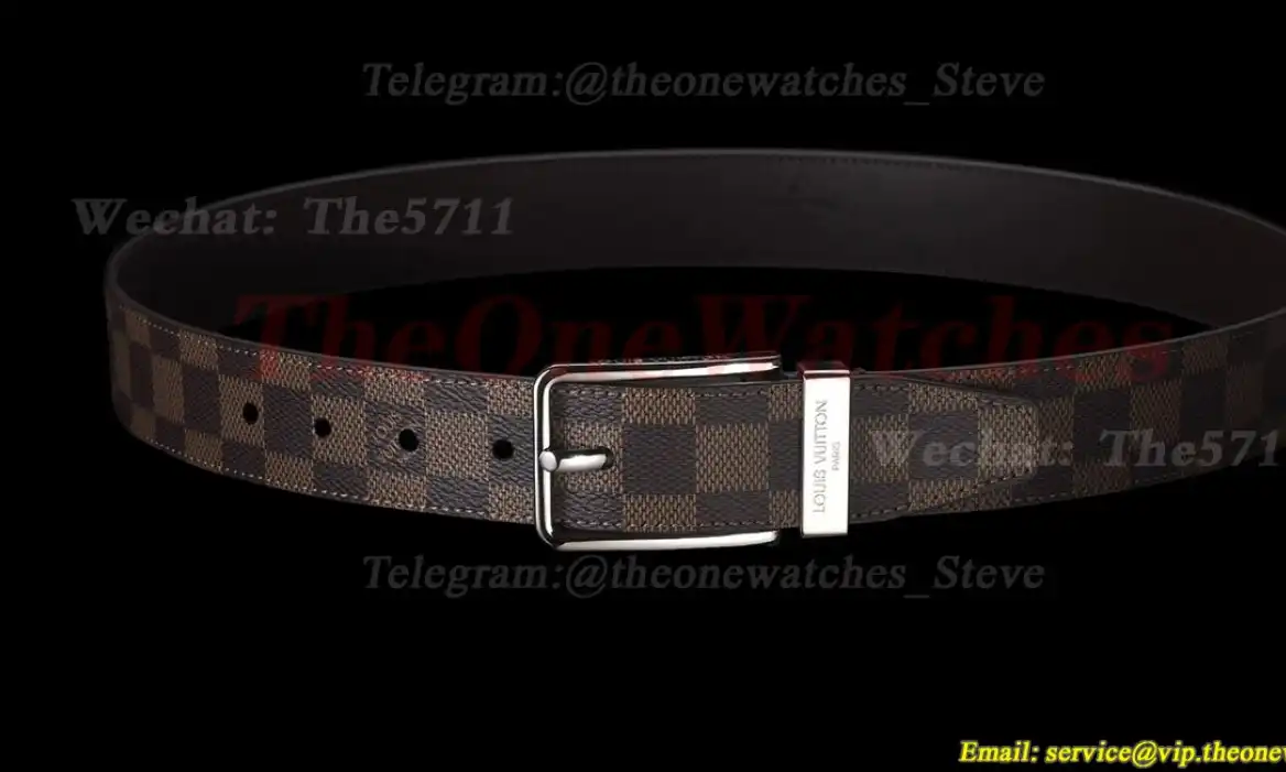 Silver LV SS Buckle on Brown Leather Belt 3.5cm