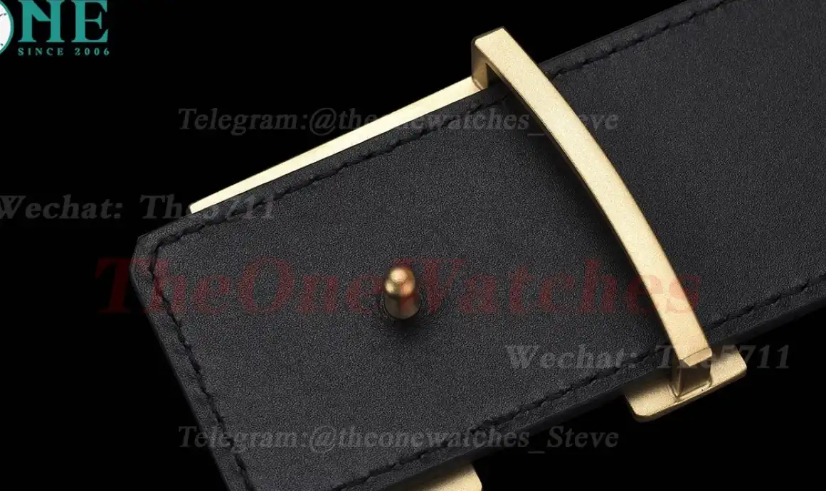 Yellow Gold LV Brass Buckle on Black Leather Belt 4.0cm