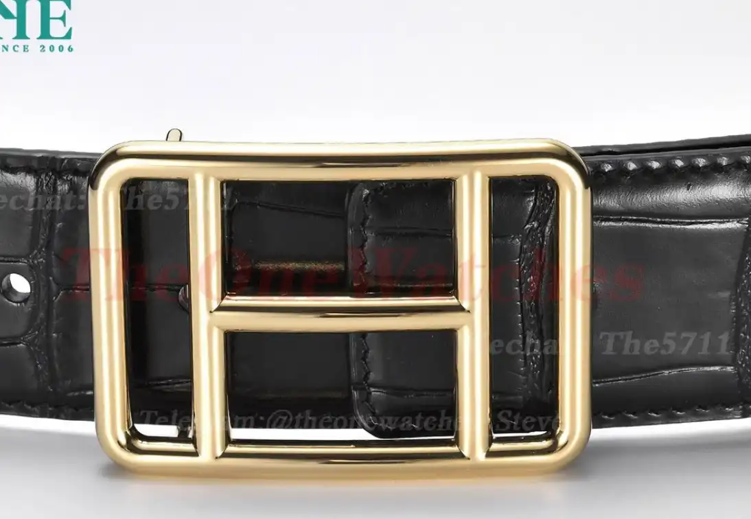 YG Hermes SS Buckle on Black Black Leather Belt 3.8cm