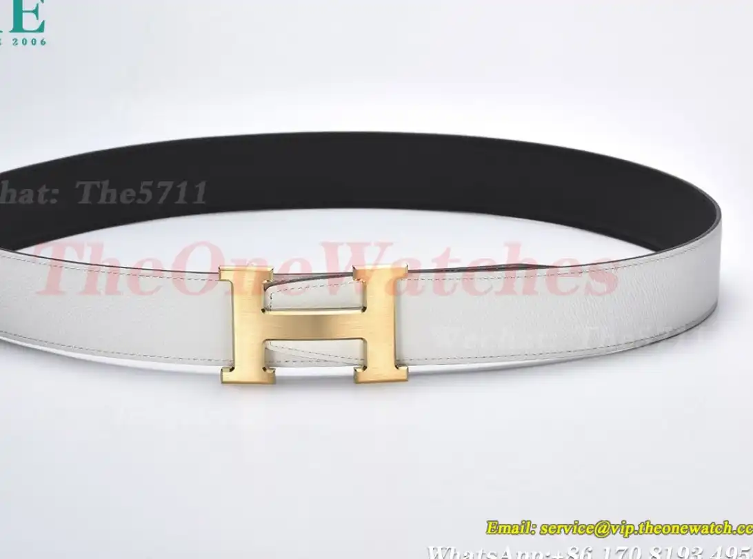 YG Hermes SS Buckle on White Black Leather Belt 3.8cm