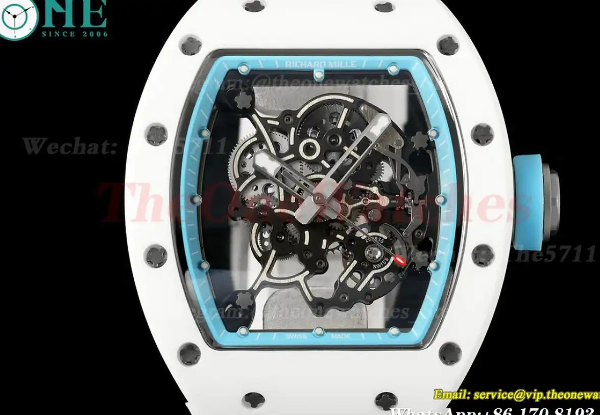 RM055 White Ceramic Blue Skeleton Dial On White Rubber Strap T+F RMUL2