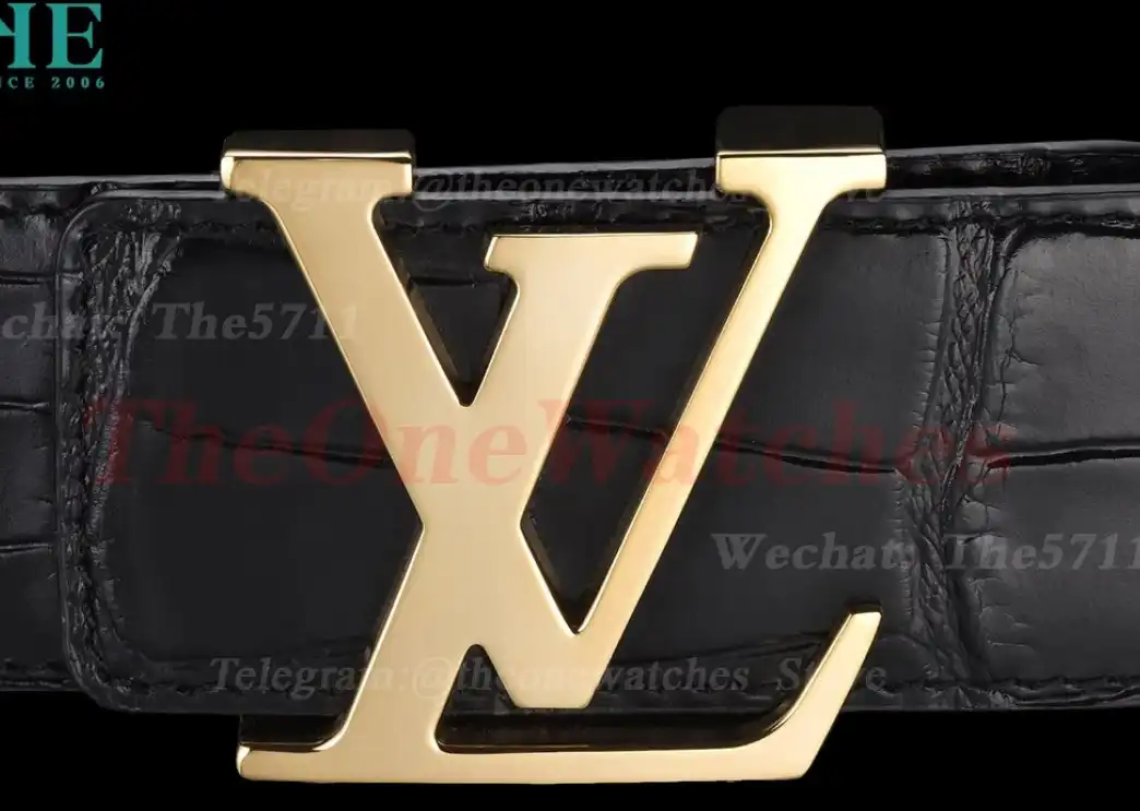 Yellow Gold LV Brass Buckle on Black Leather Belt 4.0cm