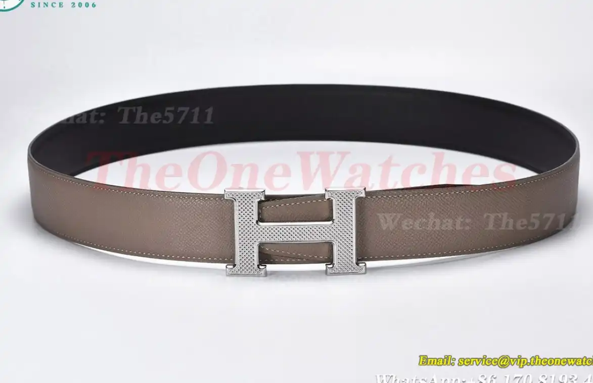 Silver Hermes SS Buckle on Apricot Black Leather Belt 3.8cm