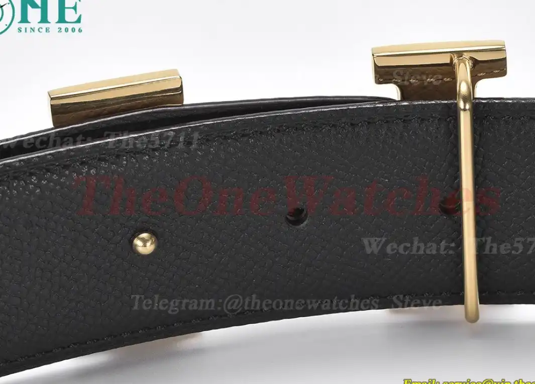 YG Hermes SS Buckle on Apricot Black Leather Belt 3.8cm