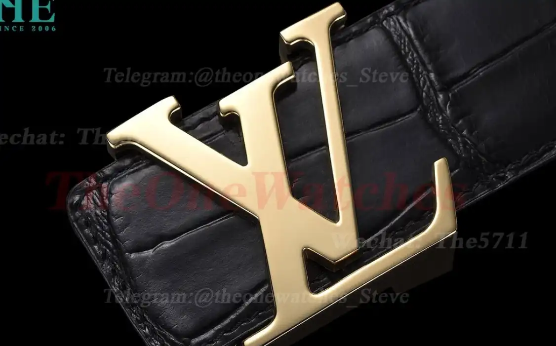 Yellow Gold LV Brass Buckle on Black Leather Belt 4.0cm