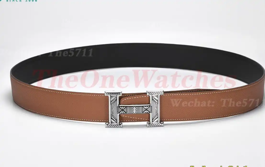 Silver Hermes SS Buckle on Brown Black Leather Belt 3.8cm