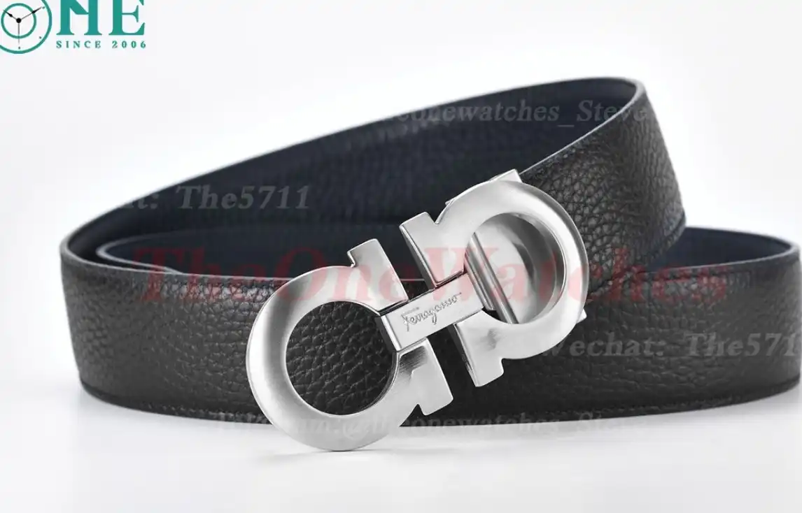 Silver Brass Buckle on Black Blue Leather Belt 3.5cm