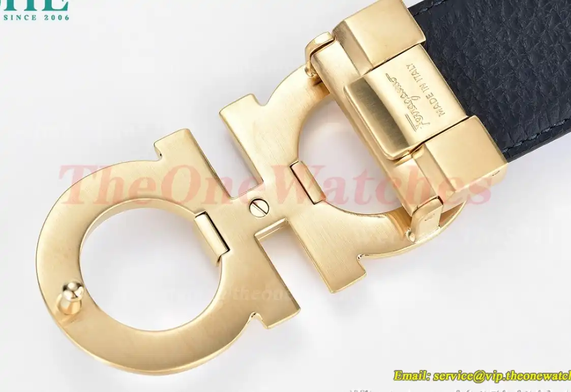 YG Brass Buckle on Black Blue Leather Belt 3.5cm