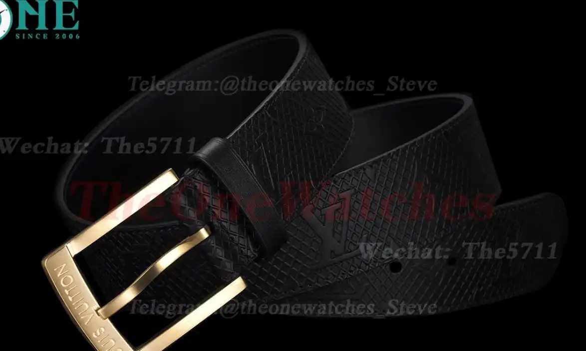 Yellow Gold LV Brass Buckle on Black Leather Belt 4.0cm