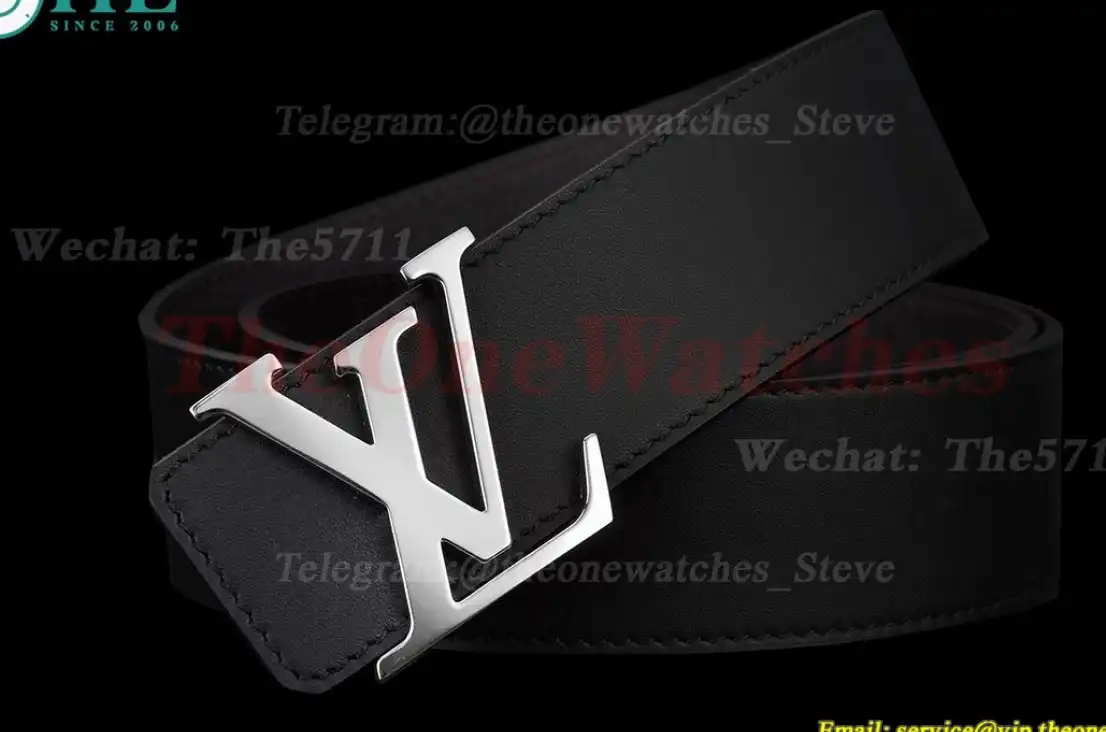 Silver LV Brass Buckle on Black Leather Belt 4.0cm