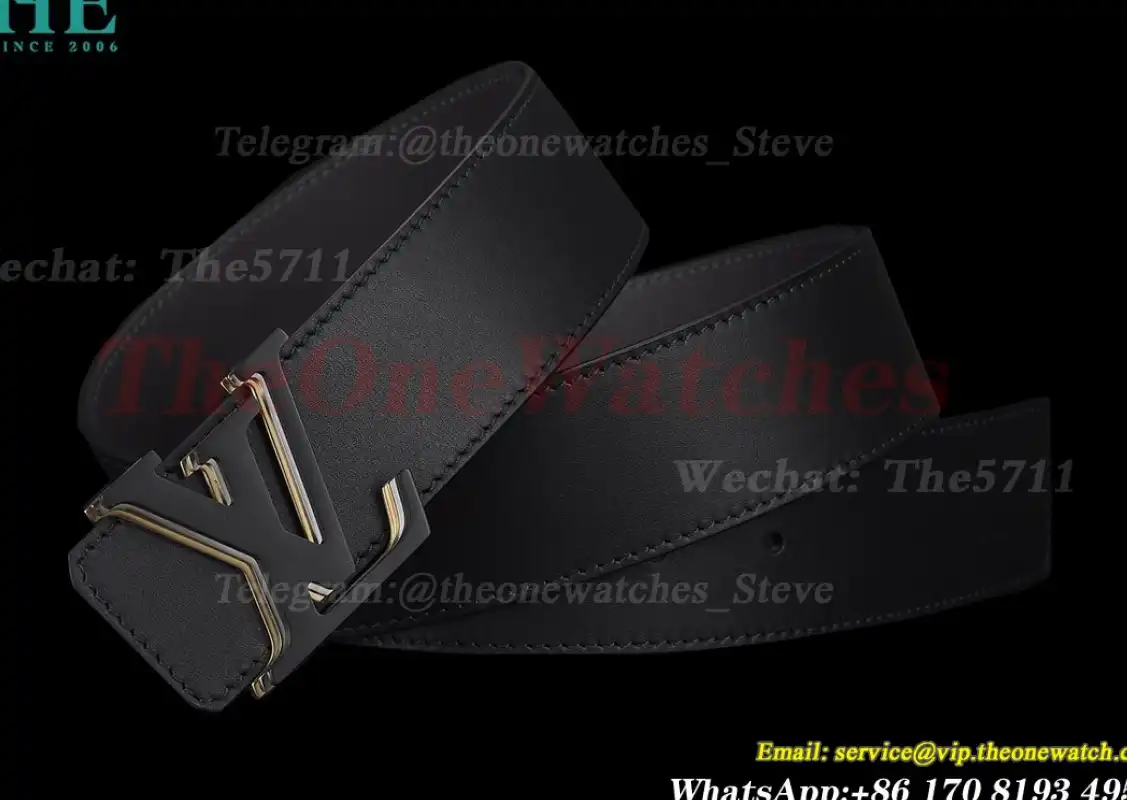 Triple LV Brass Buckle on Black Leather Belt 4.0cm