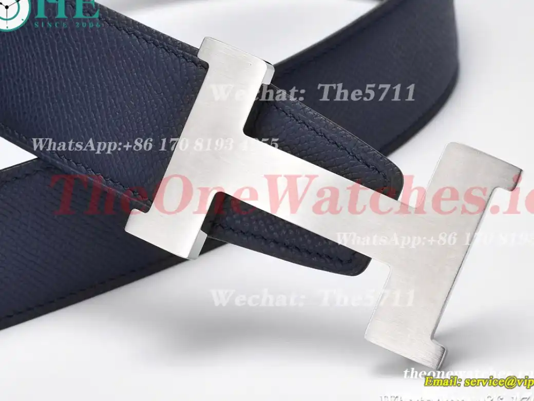 Silver Hermes SS Buckle on Blue Black Leather Belt 3.8cm