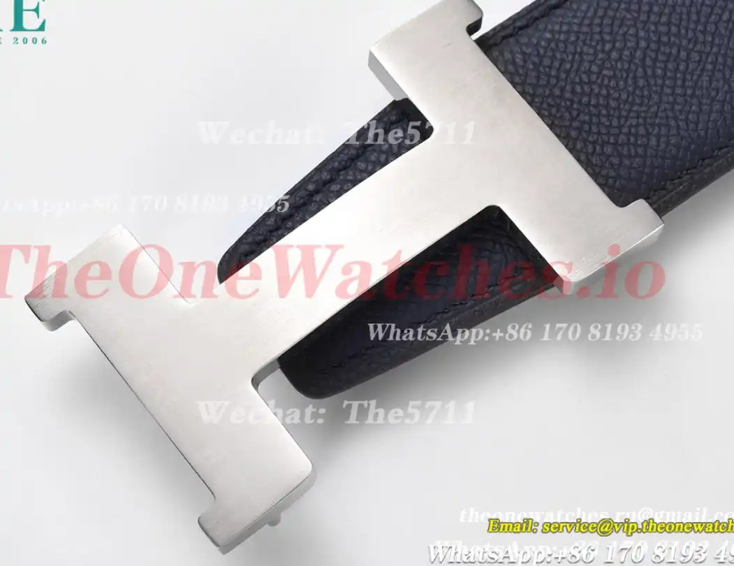 Silver Hermes SS Buckle on Blue Black Leather Belt 3.8cm