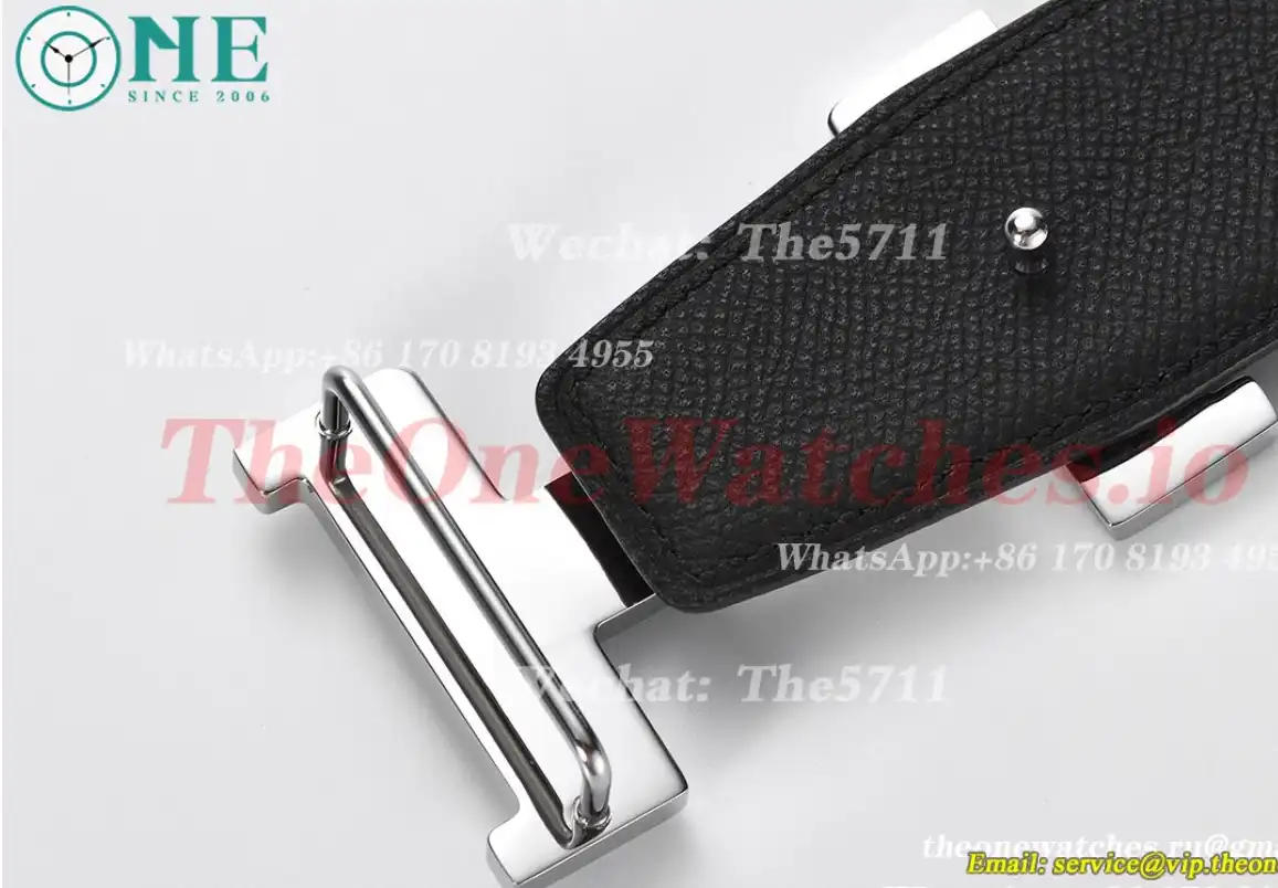 Silver Hermes SS Buckle on Blue Black Leather Belt 3.8cm