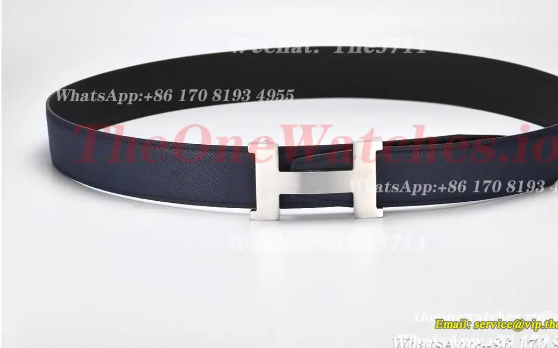 Silver Hermes SS Buckle on Blue Black Leather Belt 3.8cm