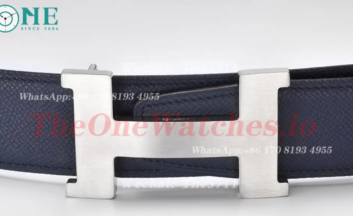 Silver Hermes SS Buckle on Blue Black Leather Belt 3.8cm