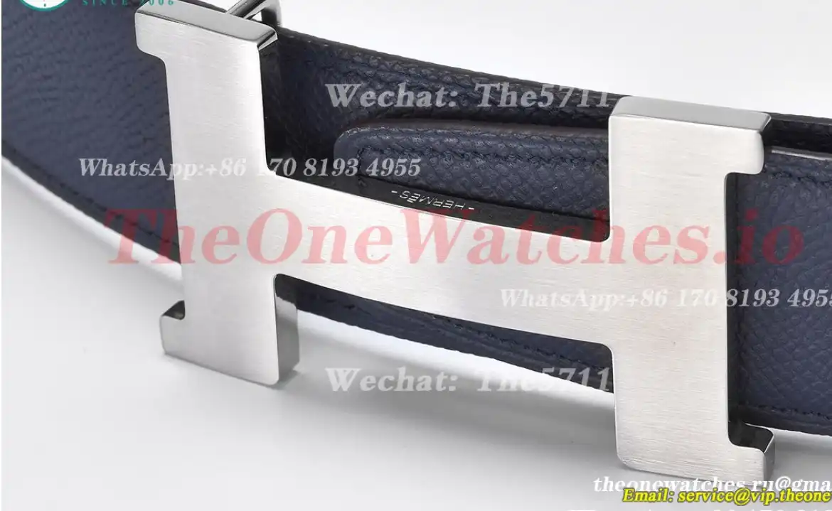 Silver Hermes SS Buckle on Blue Black Leather Belt 3.8cm