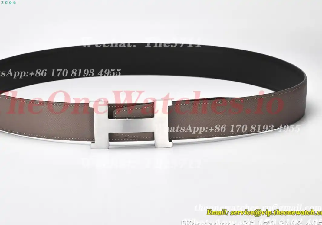 Silver Hermes SS Buckle on Apricot Black Leather Belt 3.8cm