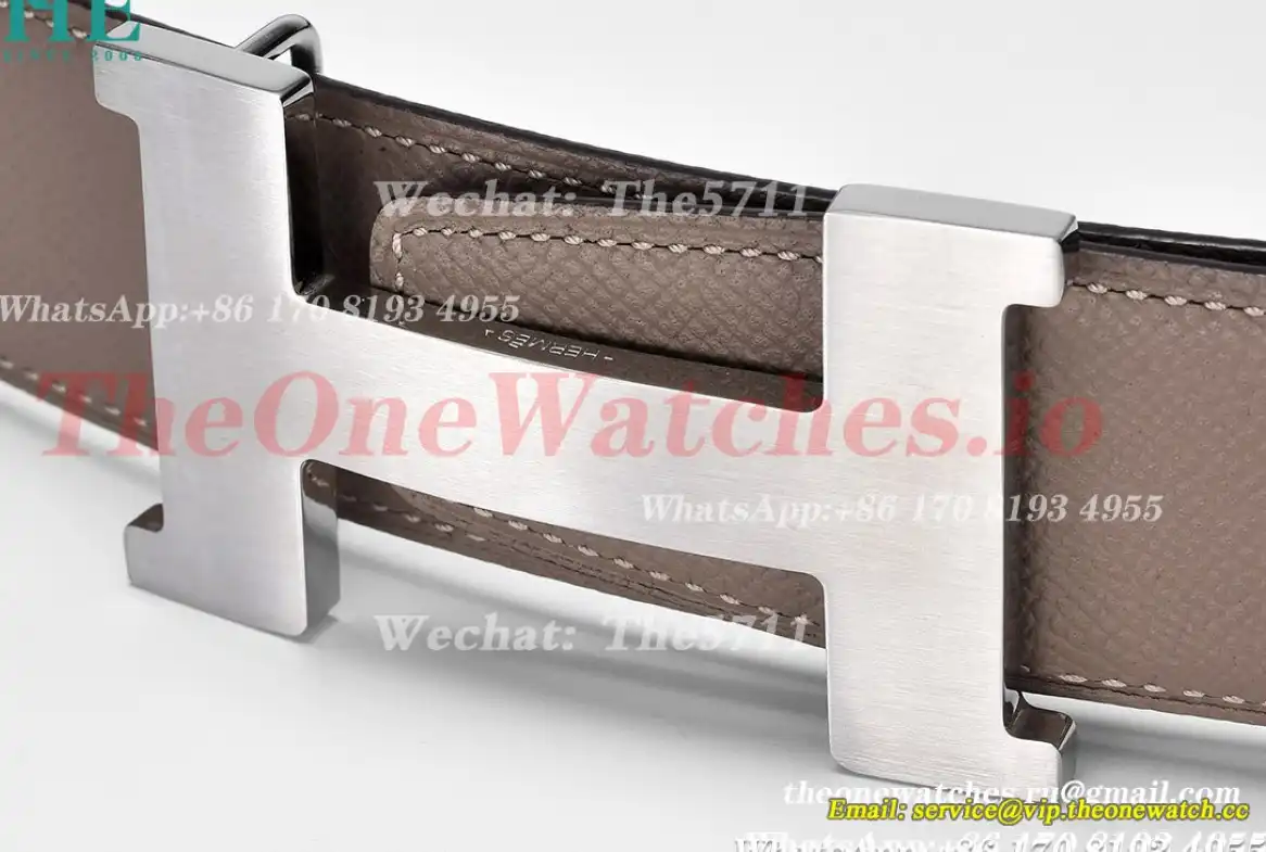 Silver Hermes SS Buckle on Apricot Black Leather Belt 3.8cm