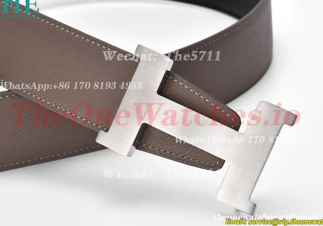 Silver Hermes SS Buckle on Apricot Black Leather Belt 3.8cm