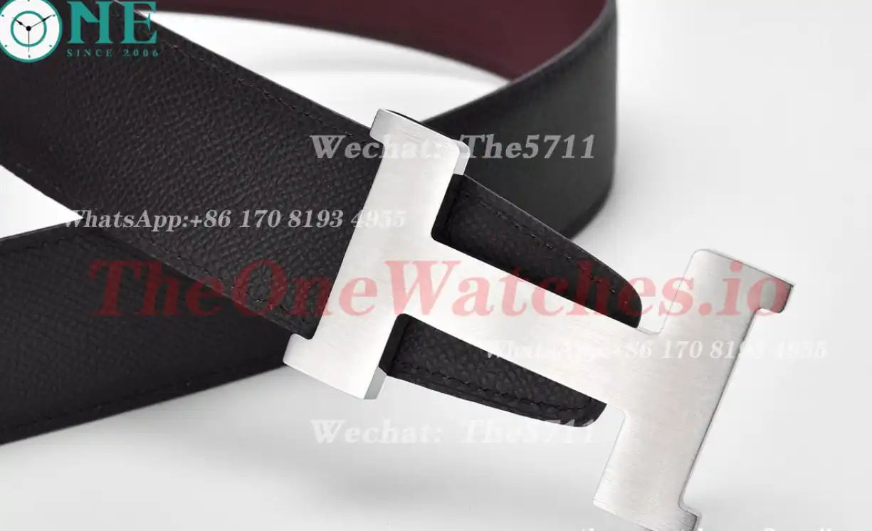 Silver Hermes SS Buckle on Red Black Leather Belt 3.8cm