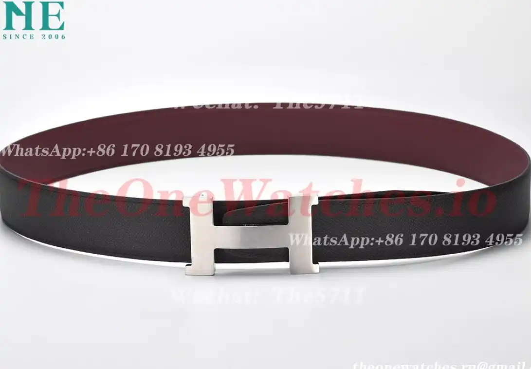 Silver Hermes SS Buckle on Red Black Leather Belt 3.8cm