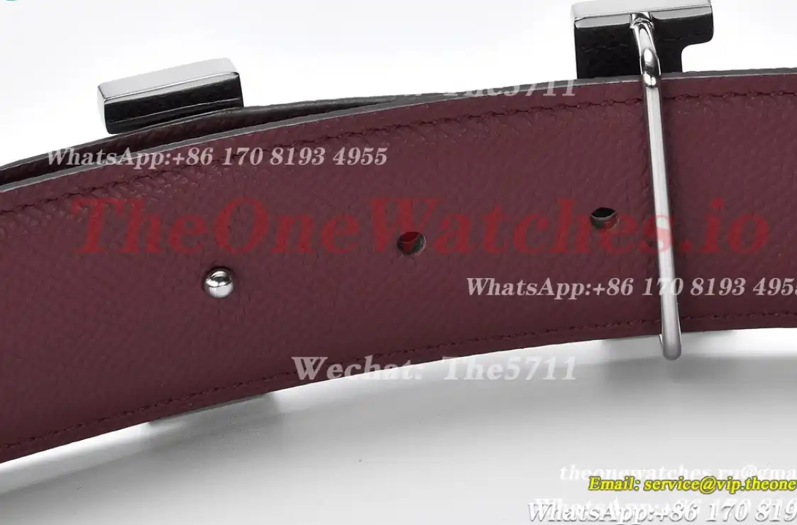 Silver Hermes SS Buckle on Red Black Leather Belt 3.8cm