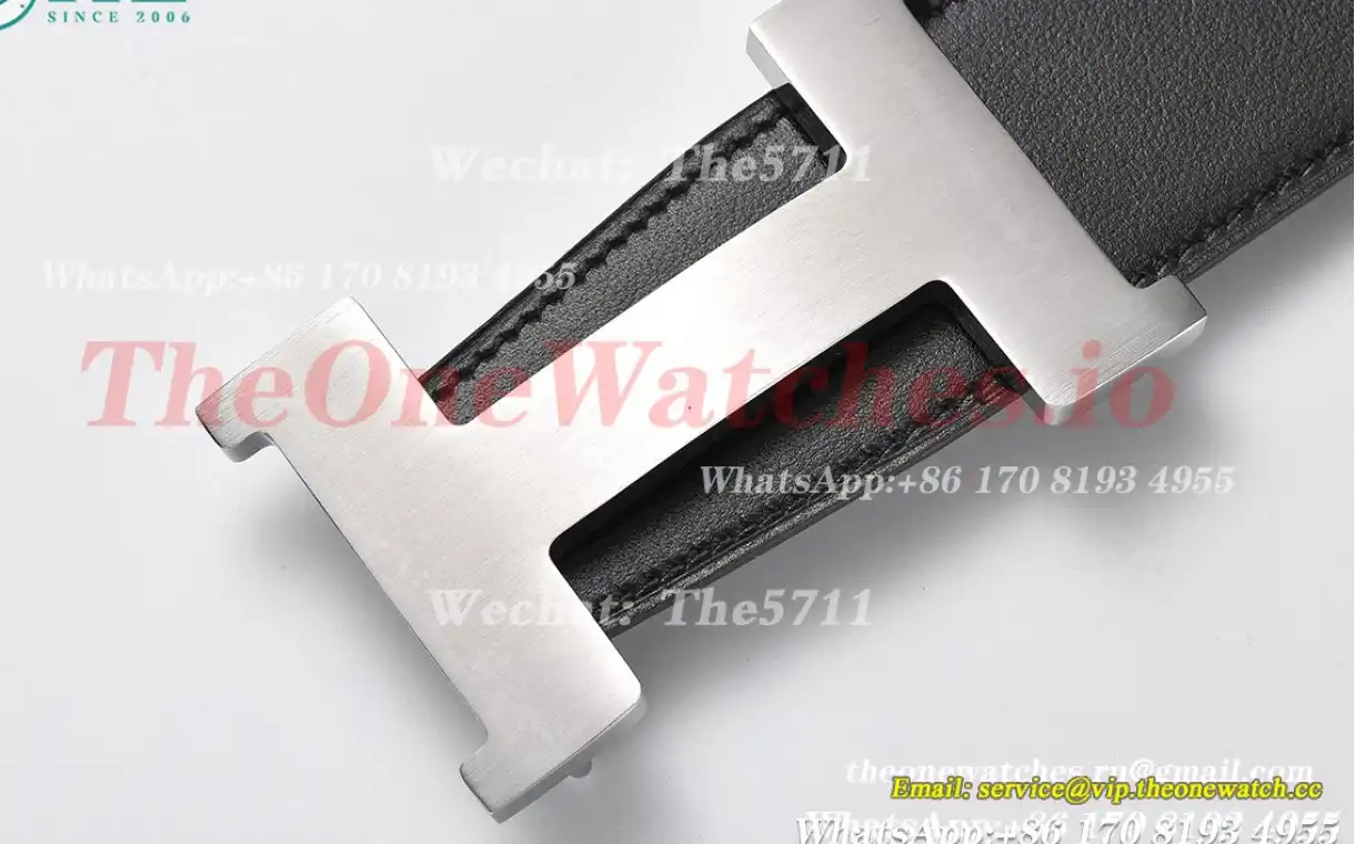 Silver Hermes SS Buckle on Apricot Black Leather Belt 3.8cm