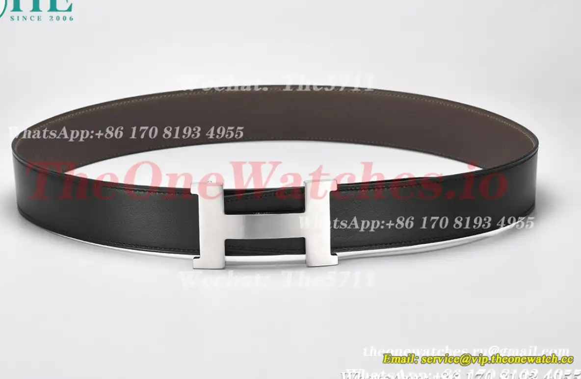 Silver Hermes SS Buckle on Apricot Black Leather Belt 3.8cm