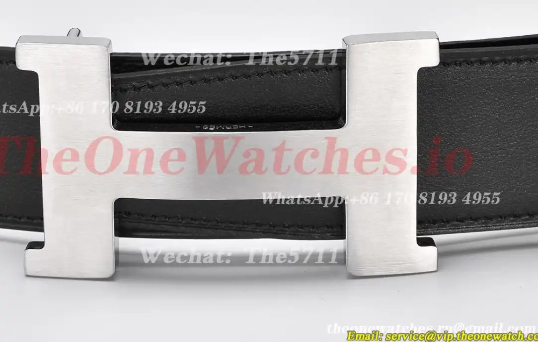 Silver Hermes SS Buckle on Apricot Black Leather Belt 3.8cm