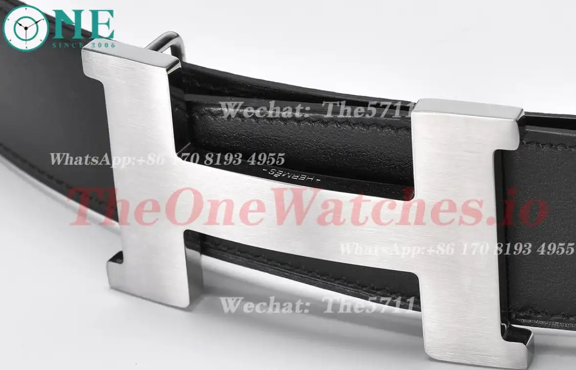 Silver Hermes SS Buckle on Apricot Black Leather Belt 3.8cm