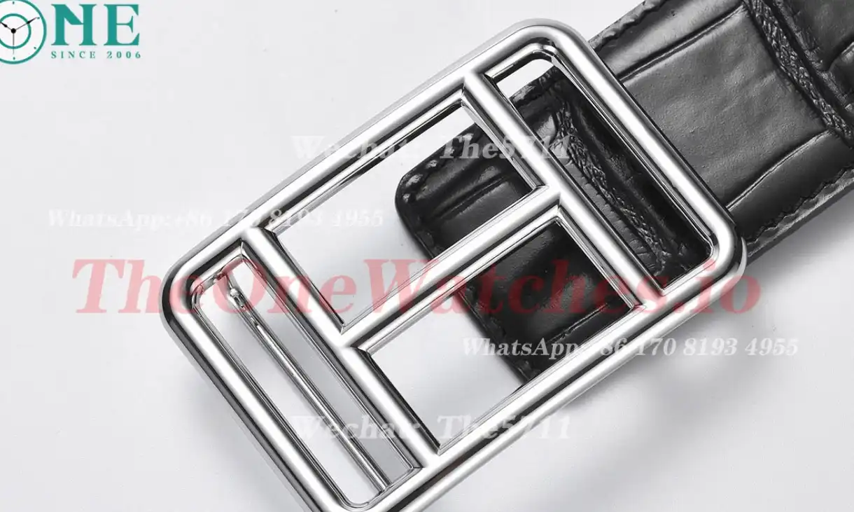 Silver Hermes SS Buckle on Black Black Leather Belt 3.8cm