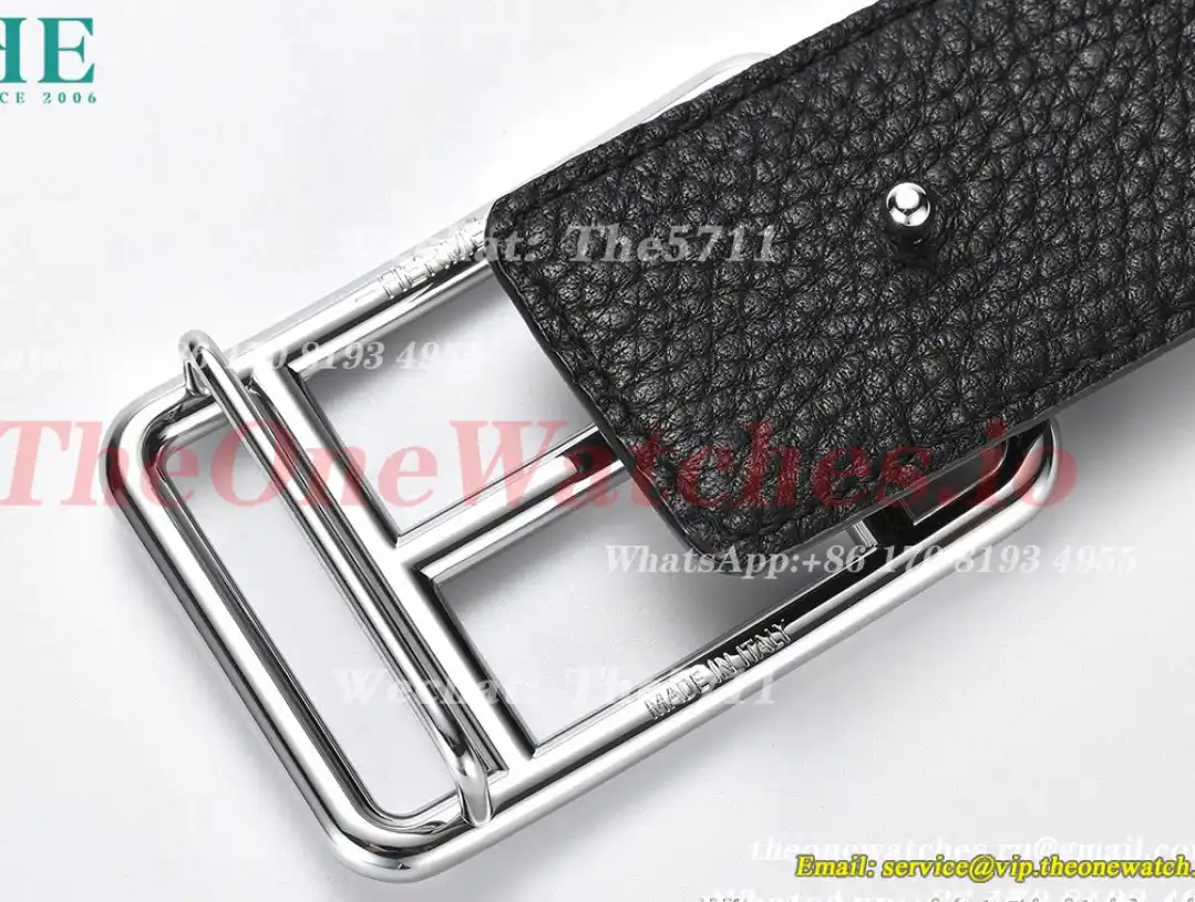 Silver Hermes SS Buckle on Black Black Leather Belt 3.8cm