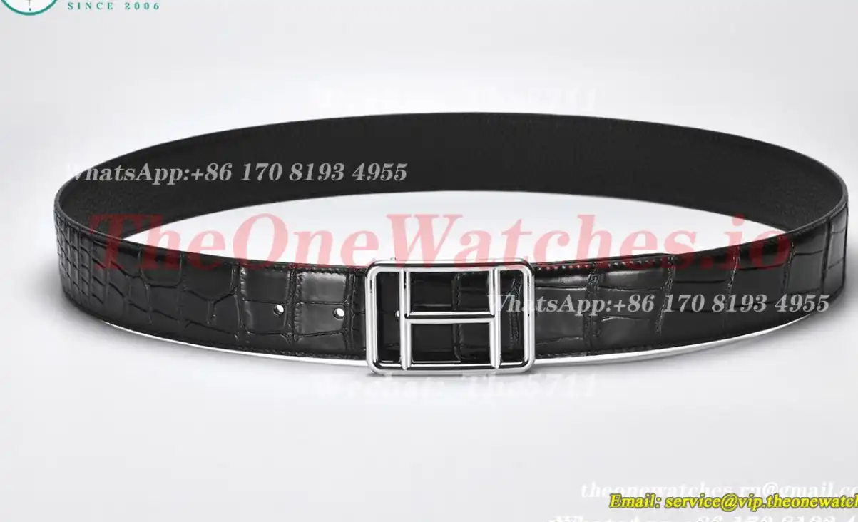 Silver Hermes SS Buckle on Black Black Leather Belt 3.8cm