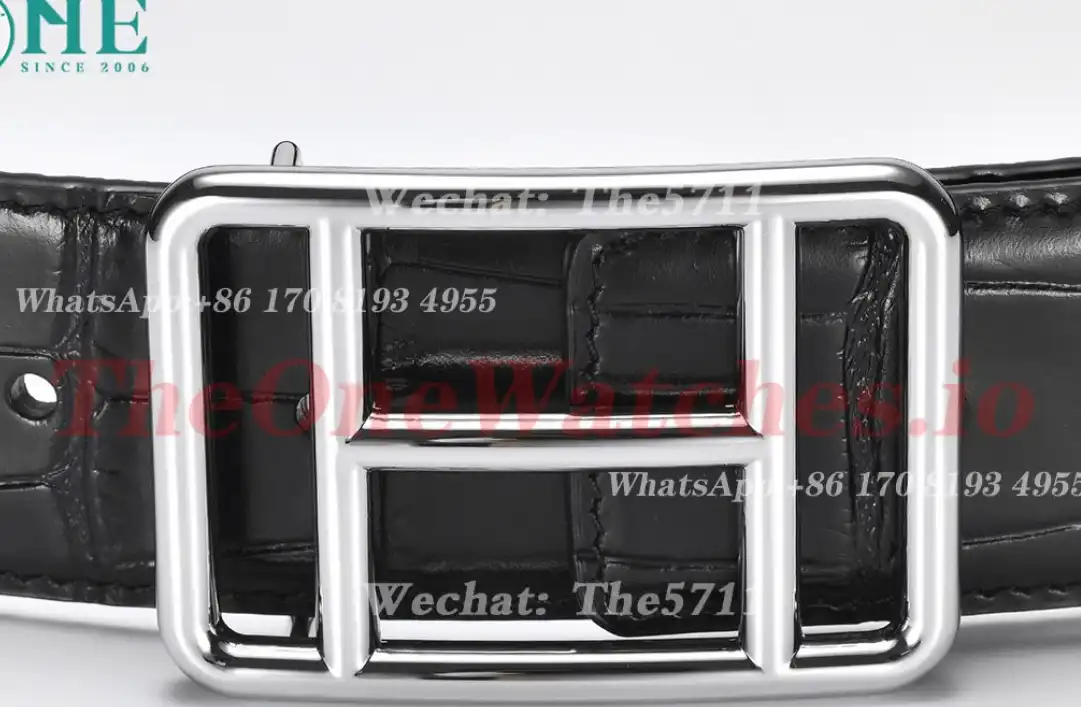 Silver Hermes SS Buckle on Black Black Leather Belt 3.8cm