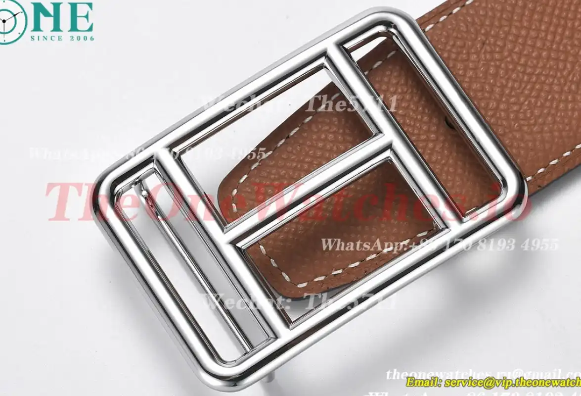 Silver Hermes SS Buckle on Brown Black Leather Belt 3.8cm