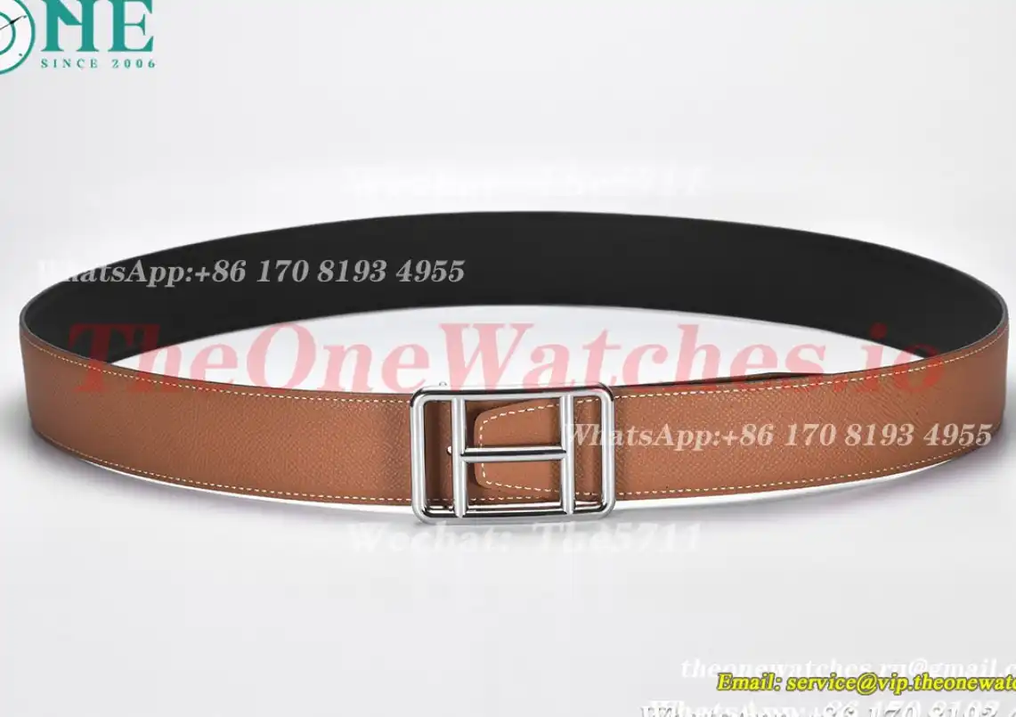 Silver Hermes SS Buckle on Brown Black Leather Belt 3.8cm