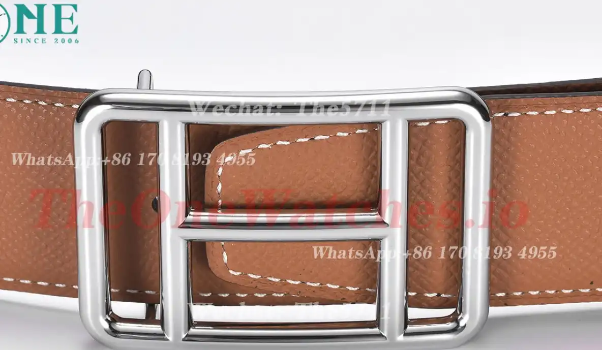 Silver Hermes SS Buckle on Brown Black Leather Belt 3.8cm