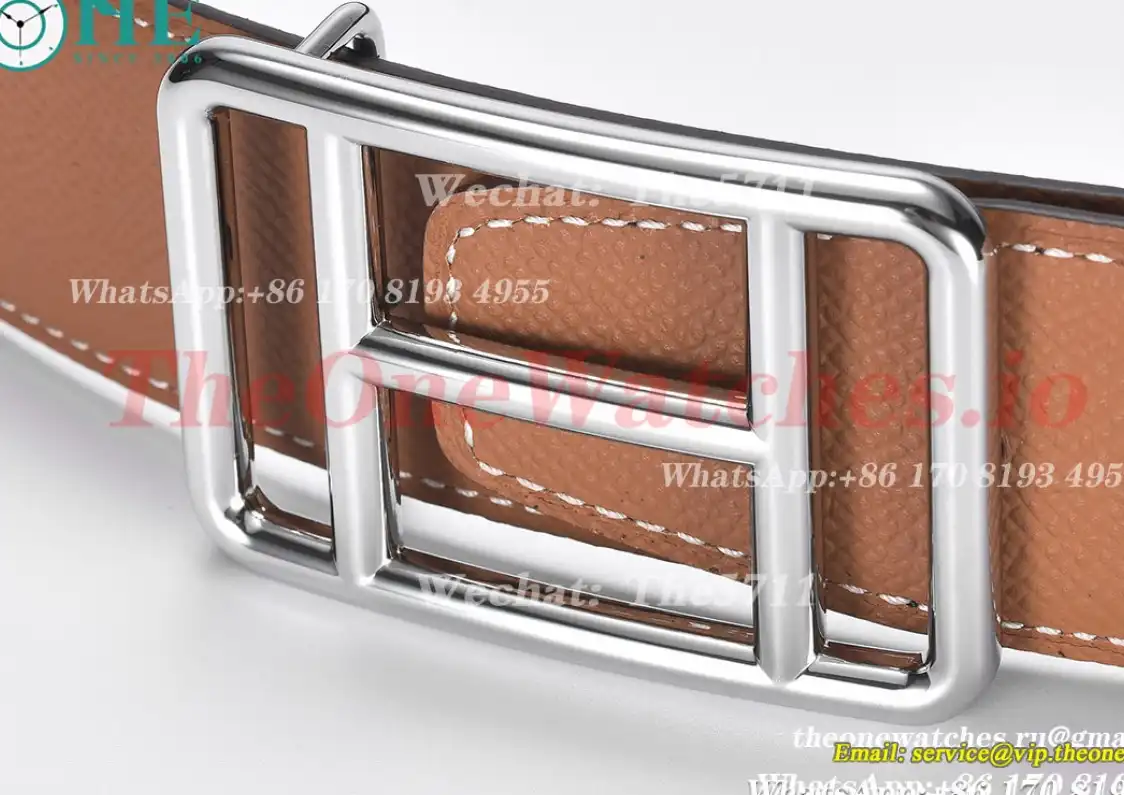 Silver Hermes SS Buckle on Brown Black Leather Belt 3.8cm