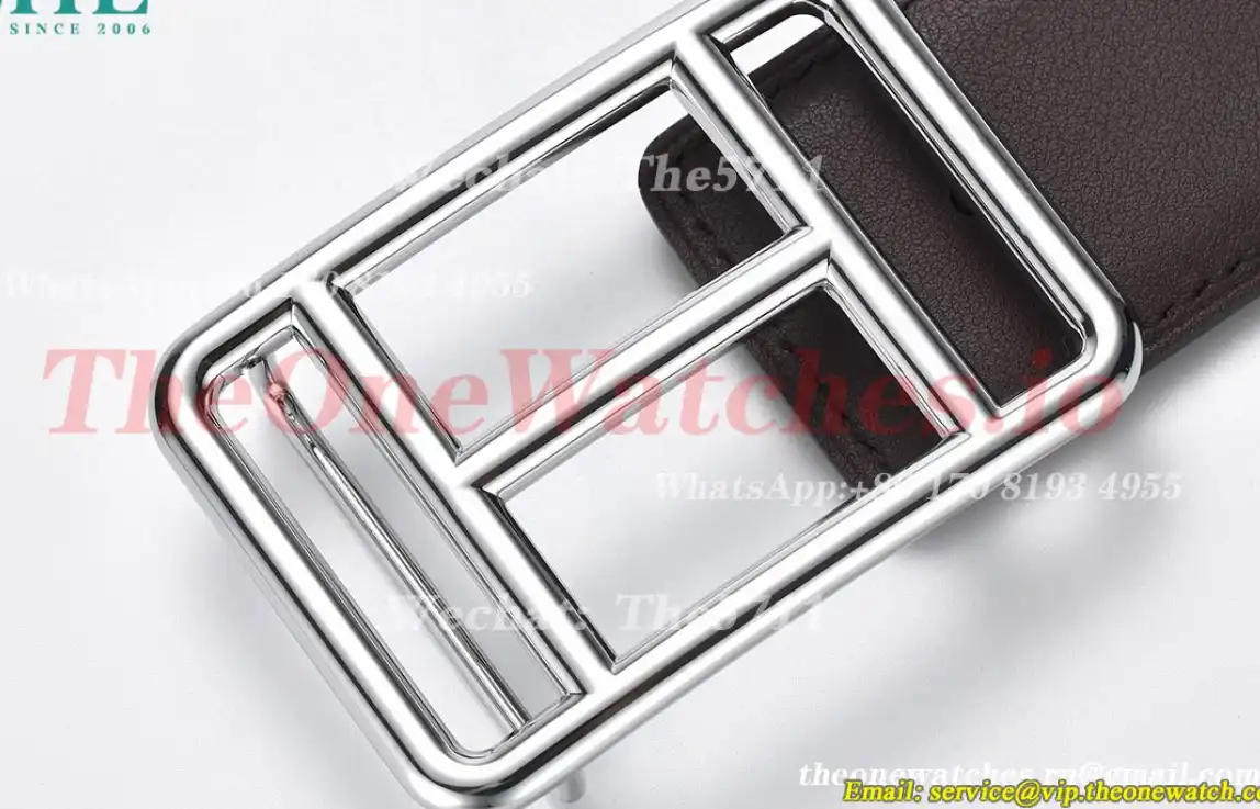 Silver Hermes SS Buckle on Brownish Black Leather Belt 3.8cm