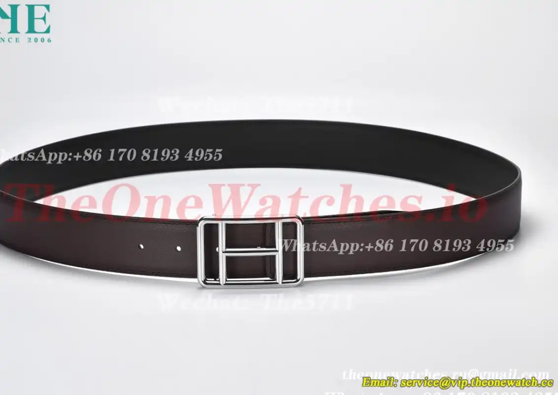 Silver Hermes SS Buckle on Brownish Black Leather Belt 3.8cm