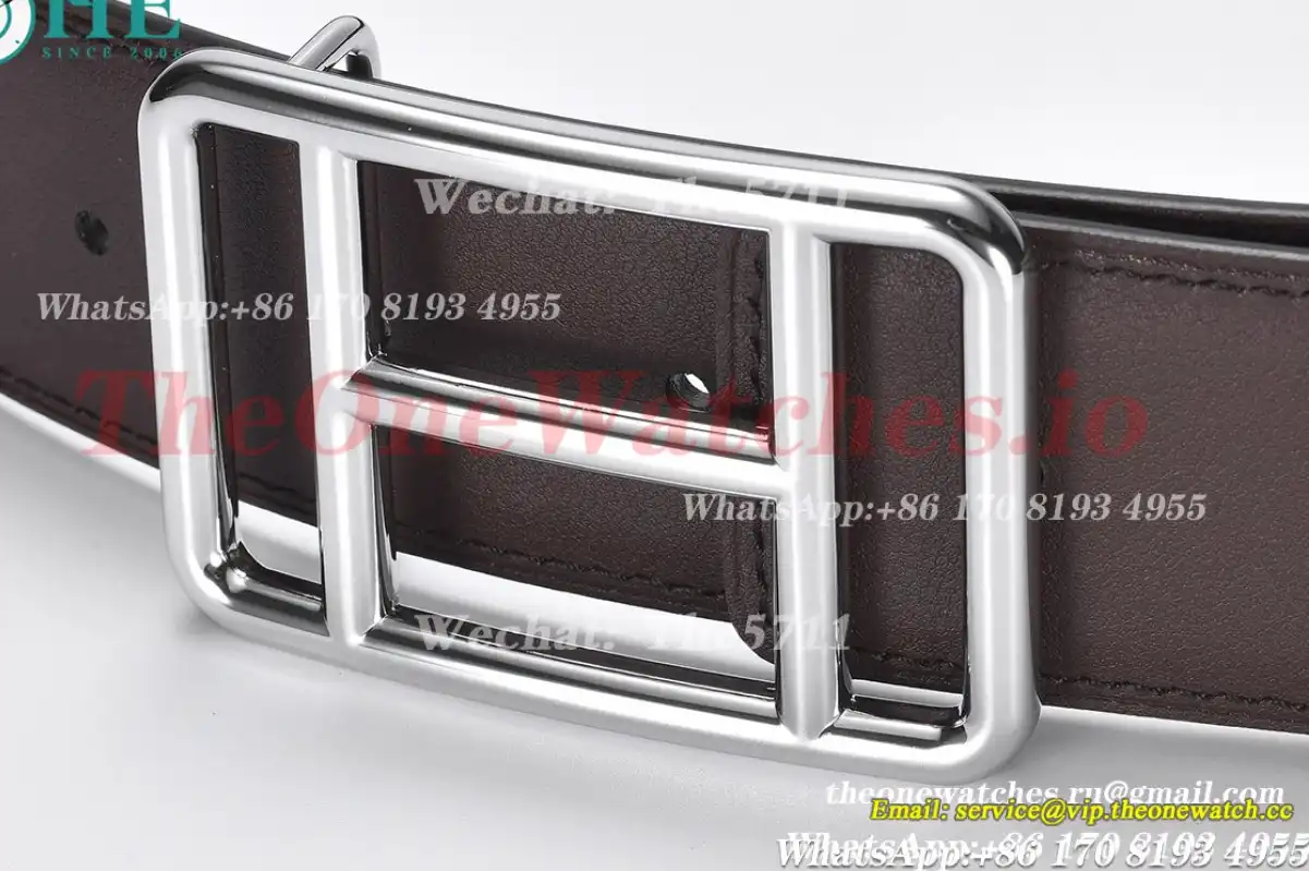 Silver Hermes SS Buckle on Brownish Black Leather Belt 3.8cm