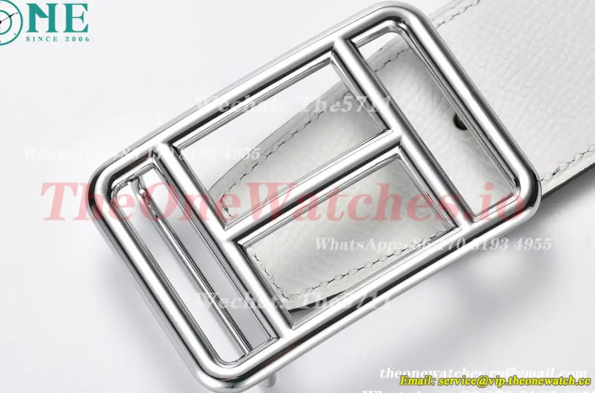 Hermes - Silver Hermes SS Buckle on White Black Leather Belt 3.8cm