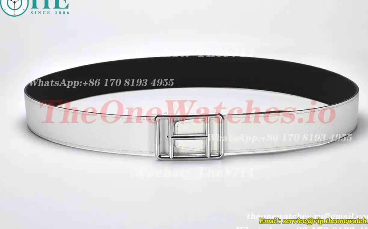 Hermes - Silver Hermes SS Buckle on White Black Leather Belt 3.8cm