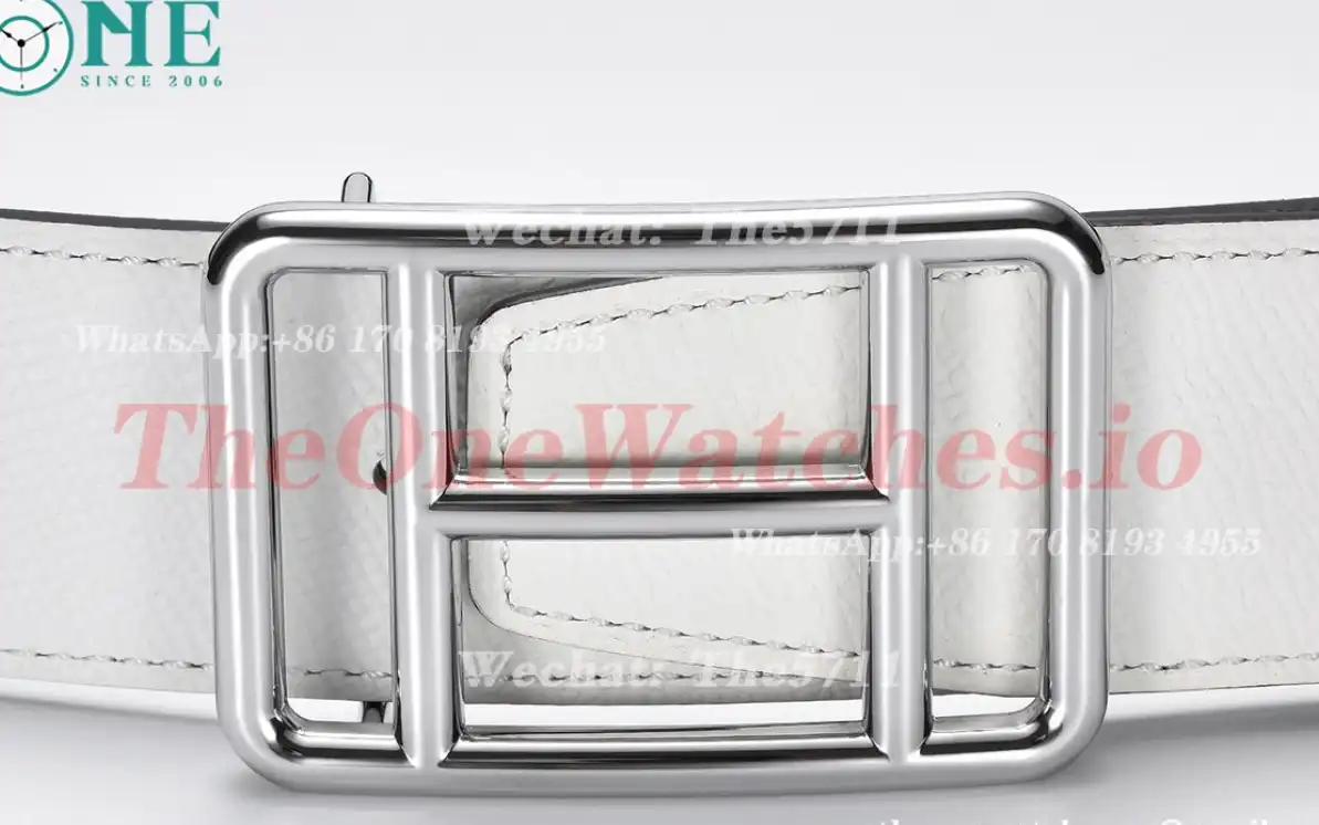 Hermes - Silver Hermes SS Buckle on White Black Leather Belt 3.8cm