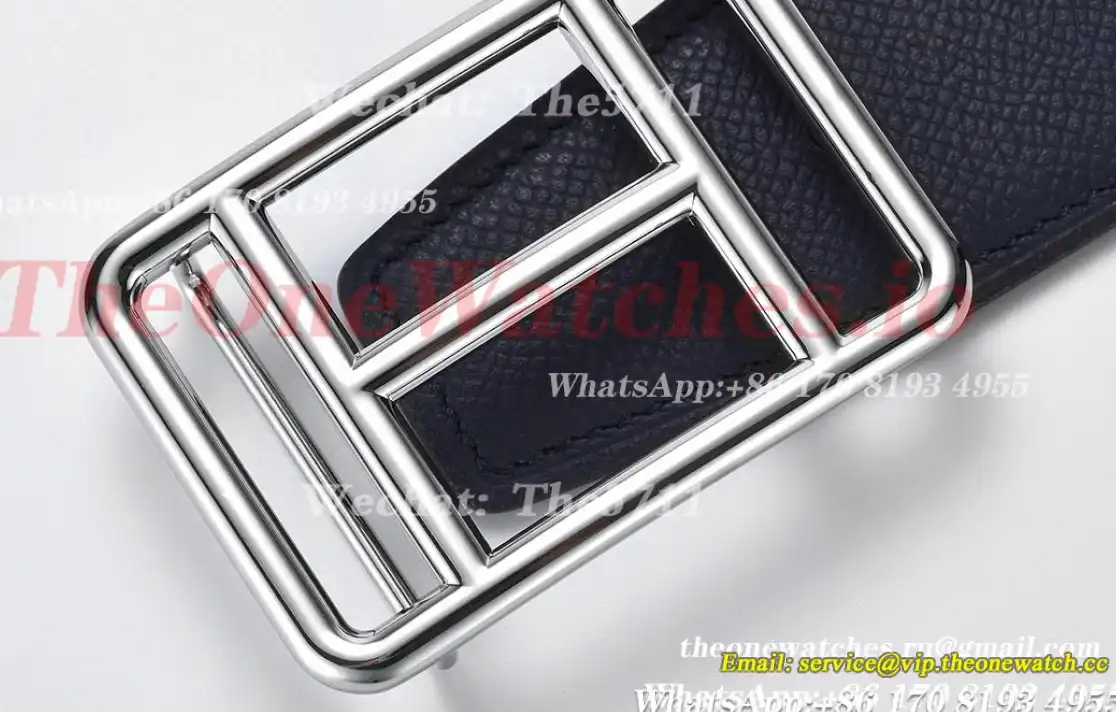 Silver Hermes SS Buckle on Blue Black Leather Belt 3.8cm