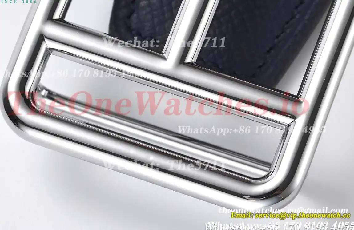 Silver Hermes SS Buckle on Blue Black Leather Belt 3.8cm