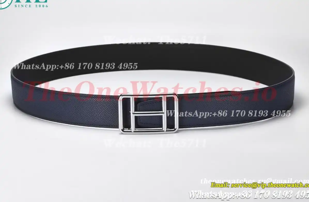 Silver Hermes SS Buckle on Blue Black Leather Belt 3.8cm