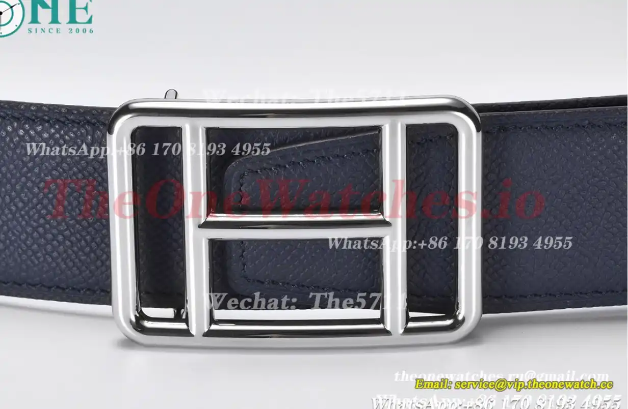 Silver Hermes SS Buckle on Blue Black Leather Belt 3.8cm