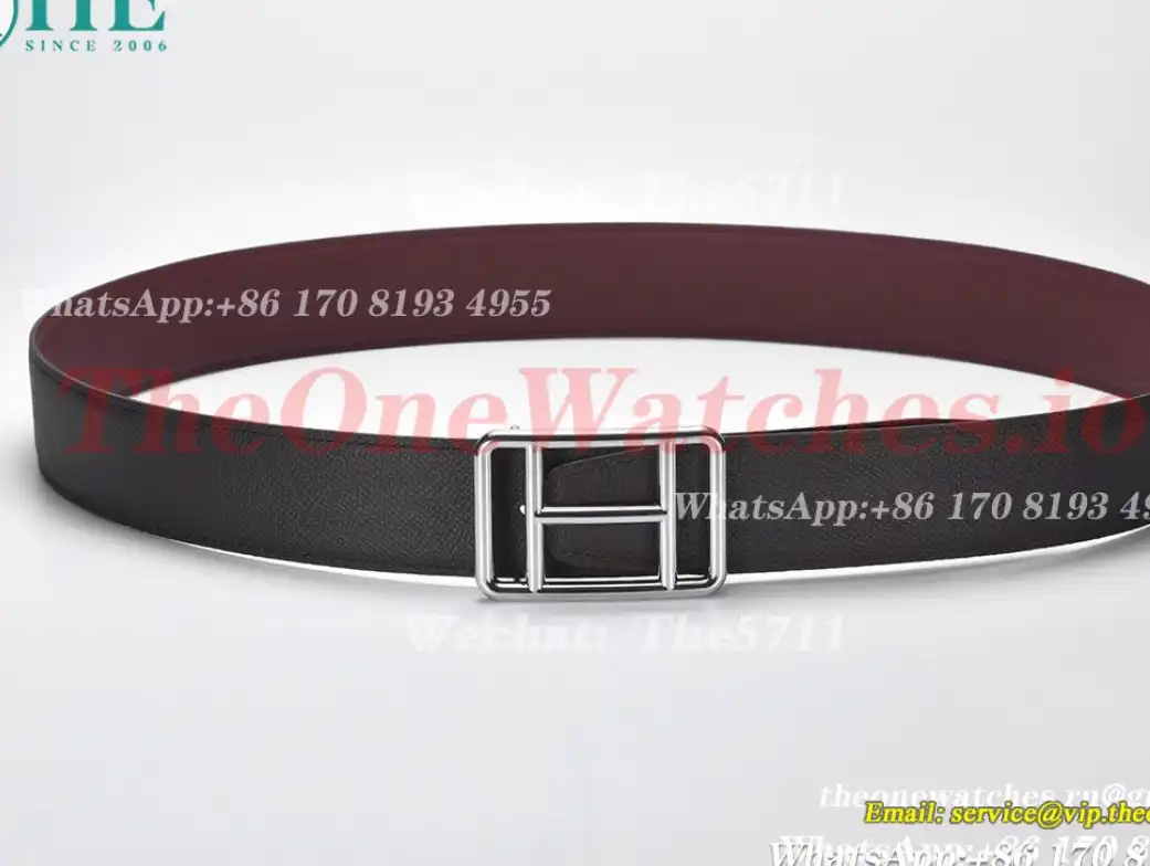 Hermes - Silver Hermes SS Buckle on Red Black Leather Belt 3.8cm